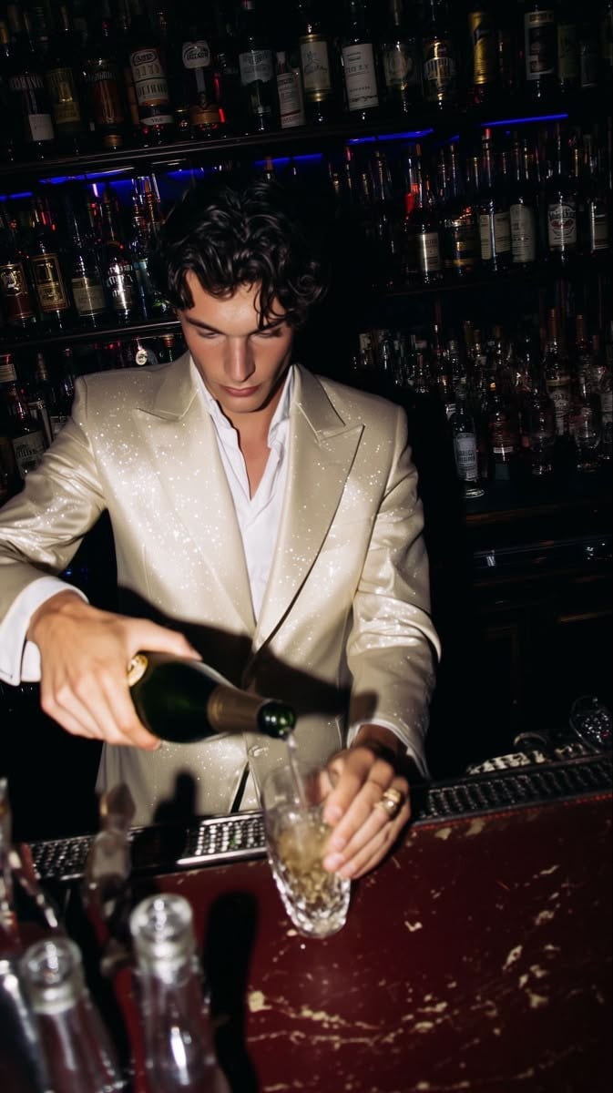 Man in a sparkling cream suit pouring champagne at a Paris bar, birthday photoshoot energy after dark by SabShots